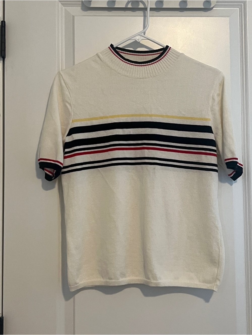 Cream Short-Sleeve Stripe Knit Tee with Accent Stripes